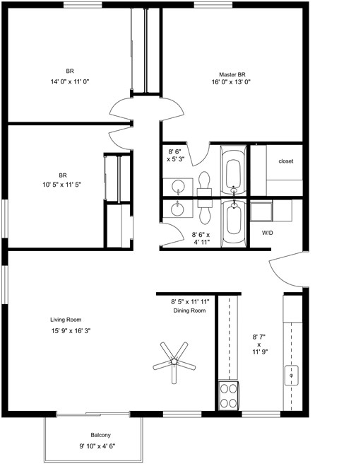 Floor plan for 3 beds, 2 baths, 1485 sqft